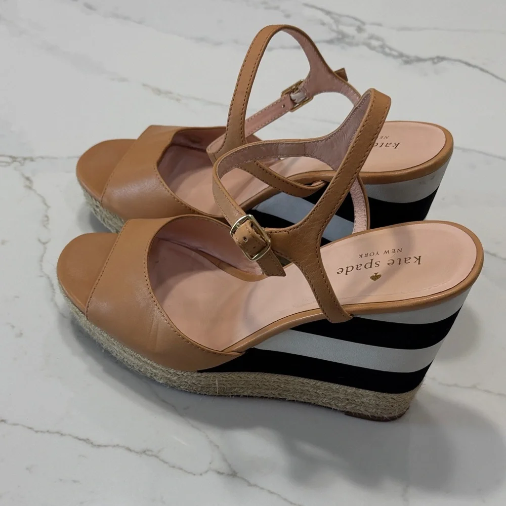 kate spade tan and black striped espadrille wedge sandals